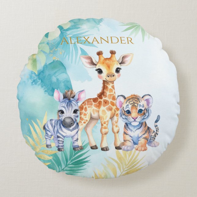 Custom Name Jungle Baby Zebra Giraffe and Tiger Round Cushion (Front)