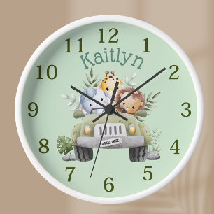 Custom Name Jungle Safari Animals Green Clock