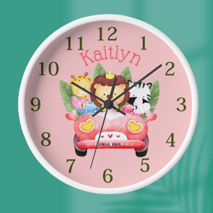 Custom Name Jungle Safari Animals Pink Clock