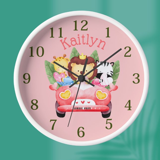 Custom Name Jungle Safari Animals Pink Clock (Creator Uploaded)