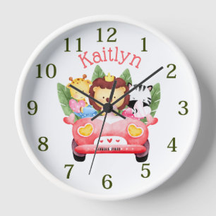 Custom Name Jungle Safari Animals Pink White Clock