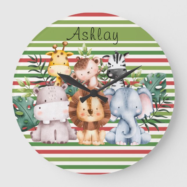 Custom Name Jungle Safari Animals Round Clock (Front)