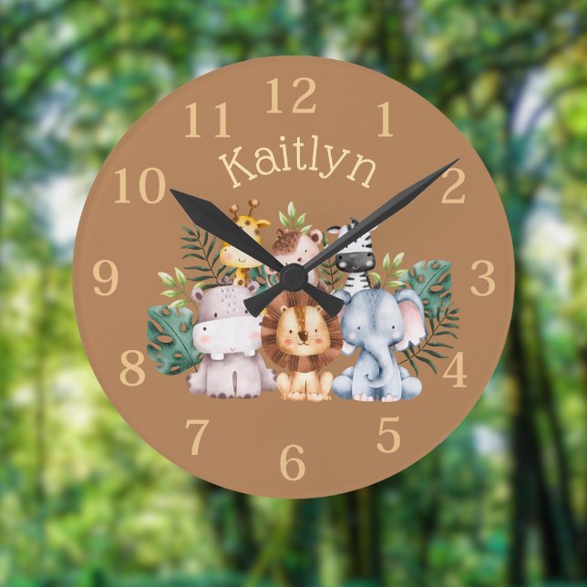 Custom Name Jungle Safari Animals Round Clock (Creator Uploaded)