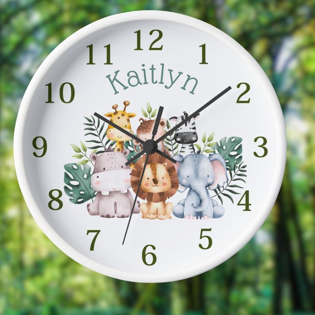 Custom Name Jungle Safari Animals Round Clock (Creator Uploaded)