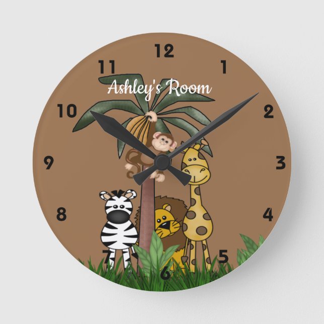 Custom Name Jungle Safari Round Clock (Front)