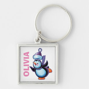 Custom name Key Ring Christmas Skating Penguin.