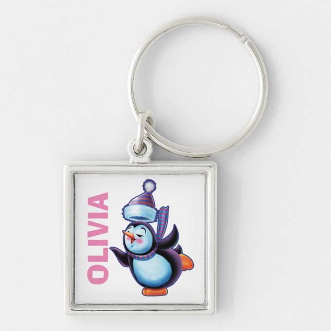 Custom name Key Ring Christmas Skating Penguin. (Front)