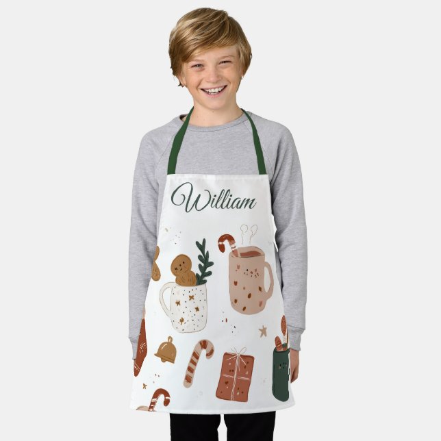 Custom Name Kids Apron Gingerbread & Holiday Cheer (Worn)