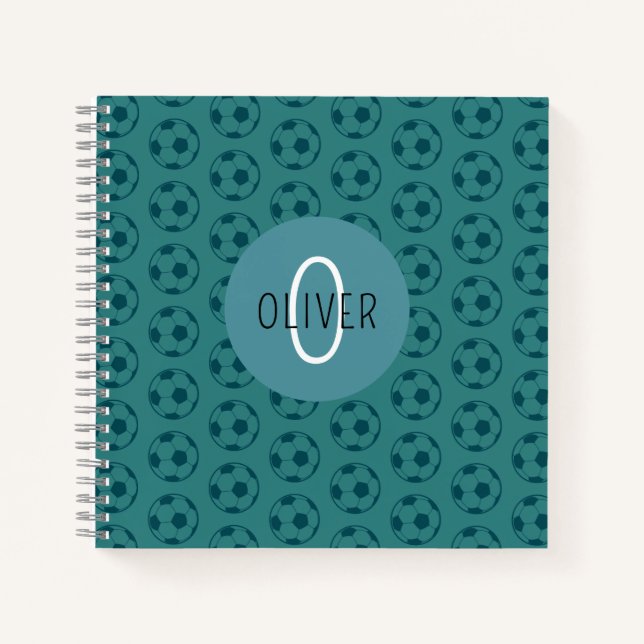Custom Name Kids Soccer Ball Blue Boys School Notebook (Front)