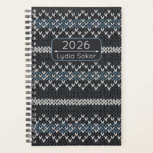 Custom Name Knit Grey and Blue Planner