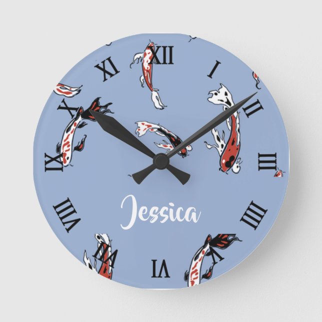 Custom name koi fish blue round clock (Front)