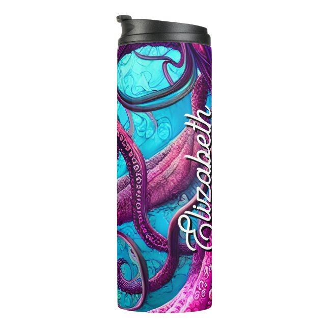 Custom Name Kraken Tentacles Pink Octopus Thermal Tumbler (Rotated Right)