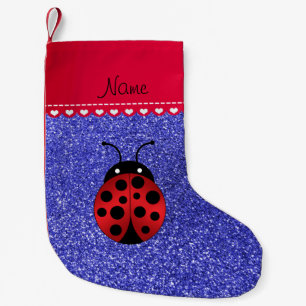 Custom name ladybug blue glitter red stripe small christmas stocking
