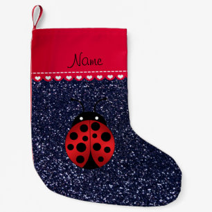 Custom name ladybug navy blue glitter red stripe small christmas stocking