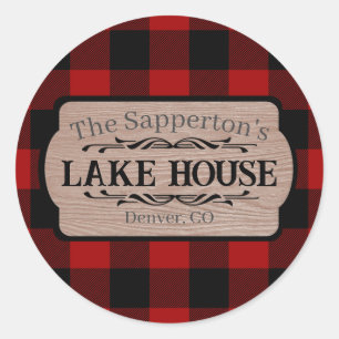 Custom Name Lake House Rustic Plaid Classic Round Sticker