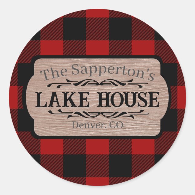 Custom Name Lake House Rustic Plaid Classic Round Sticker (Front)