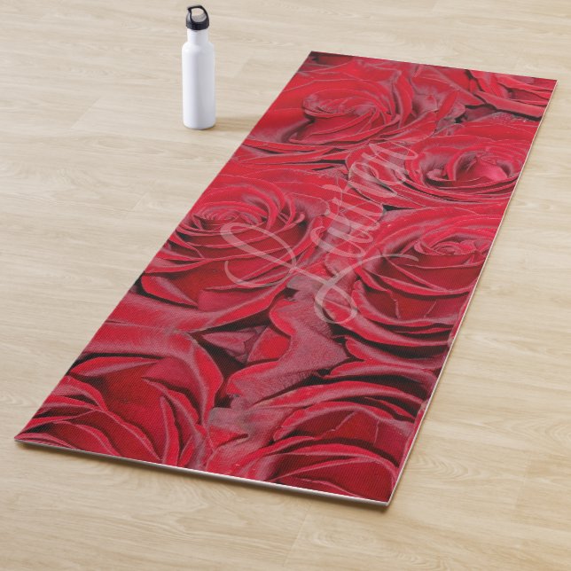 Custom Name Lauren Romantic Red Roses Floral Yoga Mat (In Situ)