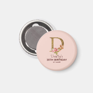 Custom Name Letter D Gold Blush Pink Roses Magnet