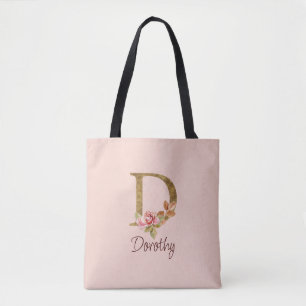 Custom Name Letter D Gold Foil Blush Pink Roses Tote Bag