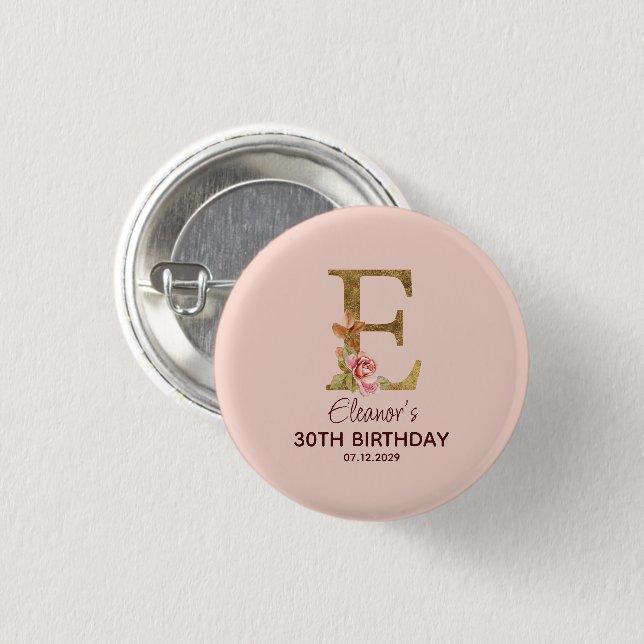 Custom Name Letter E Gold Blush Pink Roses Button (Front & Back)