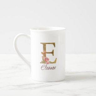 Custom Name Letter E Gold Foil Blush Pink Roses Bone China Mug
