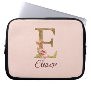 Custom Name Letter E Gold Foil Blush Pink Roses Laptop Sleeve