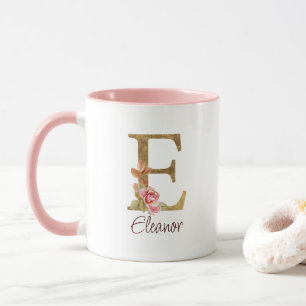 Custom Name Letter E Gold Foil Blush Pink Roses Mug