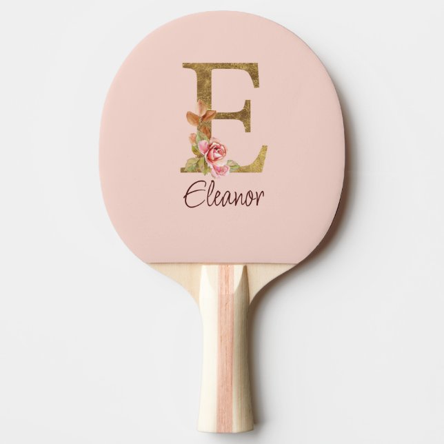 Custom Name Letter E Gold Foil Blush Pink Roses Ping Pong Paddle (Front)