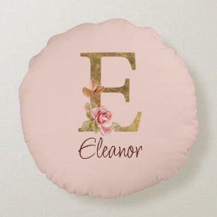 Custom Name Letter E Gold Foil Blush Pink Roses Round Cushion