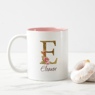 Custom Name Letter E Gold Foil Blush Pink Roses Two-Tone Coffee Mug