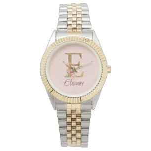 Custom Name Letter E Gold Foil Blush Pink Roses Watch