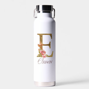 Custom Name Letter E Gold Foil Blush Pink Roses Water Bottle