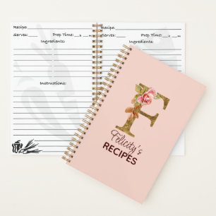 Custom Name Letter F Gold Blush Pink Roses Recipe Notebook