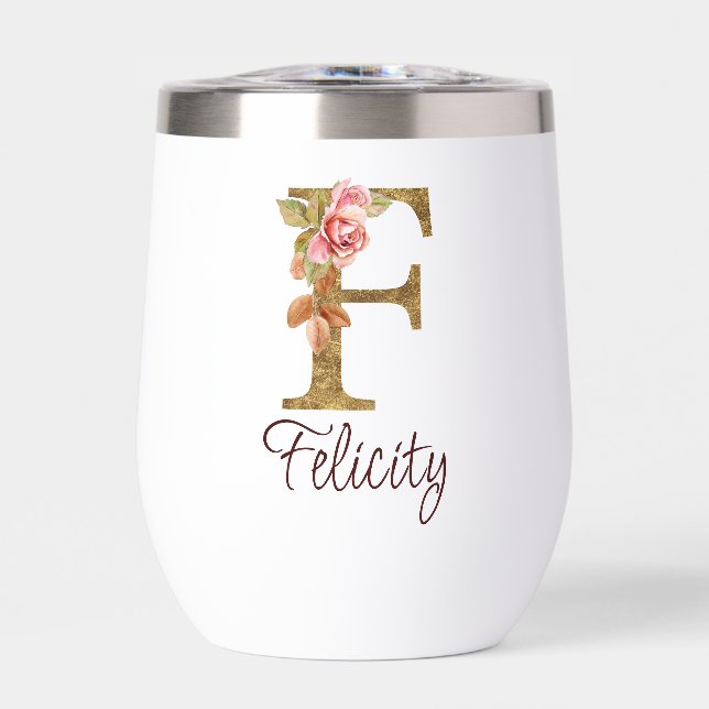 Custom Name Letter F Gold Foil Blush Pink Roses (Front)