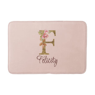 Custom Name Letter F Gold Foil Blush Pink Roses Bath Mat