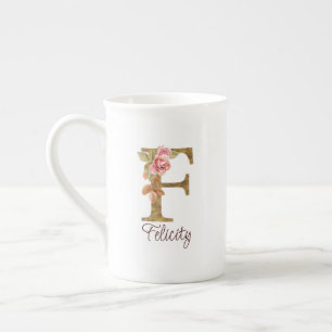 Custom Name Letter F Gold Foil Blush Pink Roses Bone China Mug