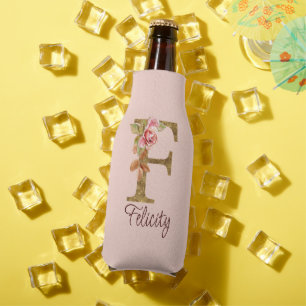 Custom Name Letter F Gold Foil Blush Pink Roses Bottle Cooler
