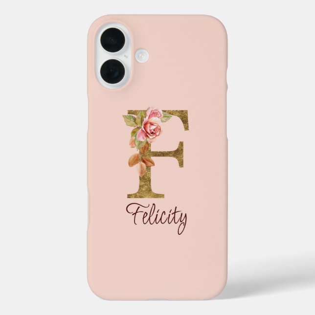 Custom Name Letter F Gold Foil Blush Pink Roses Case-Mate iPhone Case (Back)