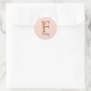 Custom Name Letter F Gold Foil Blush Pink Roses Classic Round Sticker