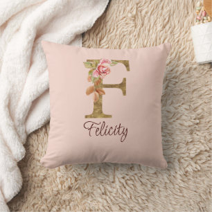 Custom Name Letter F Gold Foil Blush Pink Roses Cushion