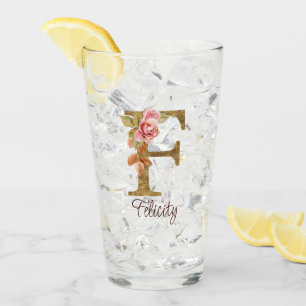 Custom Name Letter F Gold Foil Blush Pink Roses Glass