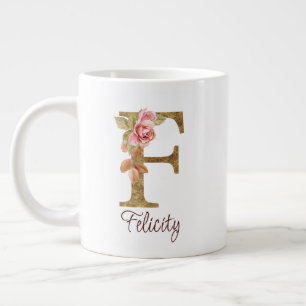 Custom Name Letter F Gold Foil Blush Pink Roses Large Coffee Mug