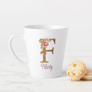 Custom Name Letter F Gold Foil Blush Pink Roses Latte Mug