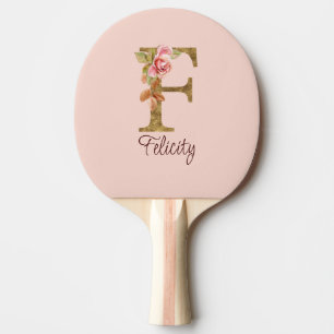 Custom Name Letter F Gold Foil Blush Pink Roses Ping Pong Paddle