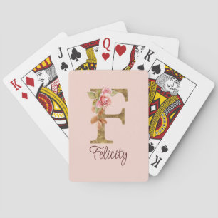 Custom Name Letter F Gold Foil Blush Pink Roses Playing Cards