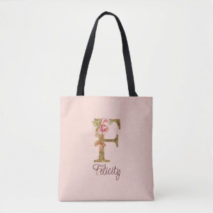 Custom Name Letter F Gold Foil Blush Pink Roses Tote Bag