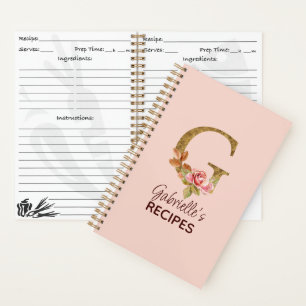 Custom Name Letter G Gold Blush Pink Roses Recipe Notebook