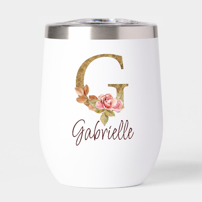 Custom Name Letter G Gold Foil Blush Pink Roses (Front)