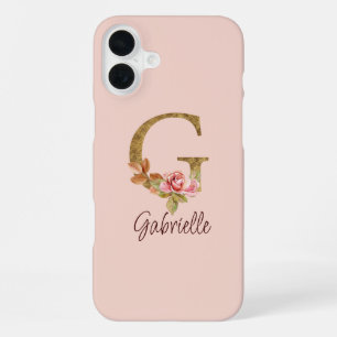 Custom Name Letter G Gold Foil Blush Pink Roses iPhone 16 Plus Case