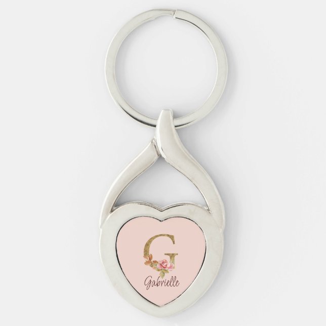 Custom Name Letter G Gold Foil Blush Pink Roses Key Ring (Front)